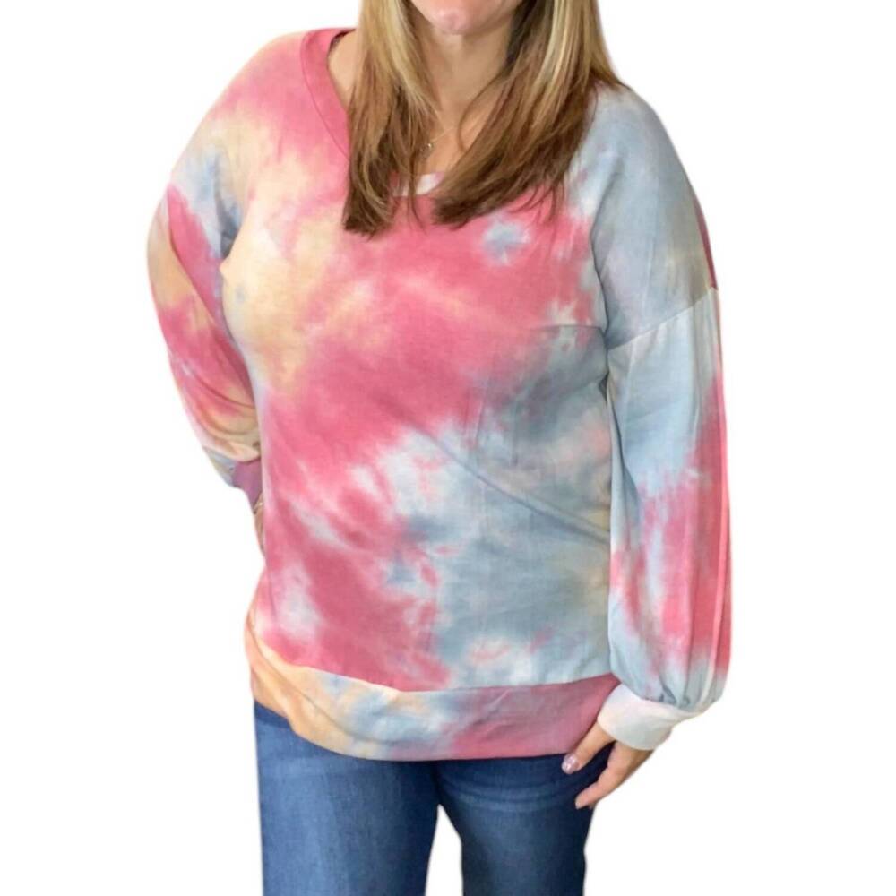 NEW HONEYME pastel french terry v-neck sweater in pink multi